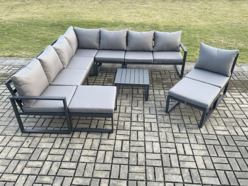 Fimous 10 Seater Patio Outdoor Garden Furniture Aluminium Lounge Corner Sofa Set with Square Coffee Table 2 Big Footstools Dark Grey
