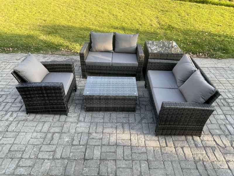 Fimous Wicker Rattan Garden Furniture Sofa Set with Rectangular Coffee Table Double Seat Sofa Chair Side Table 5 Seater Outdoor Rattan Set Dark Grey Mixed