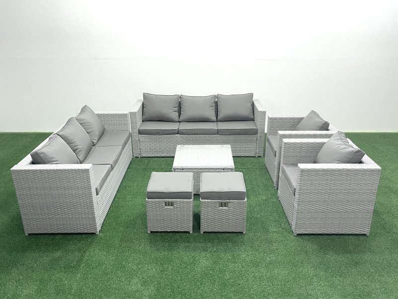 Fimous Outdoor Rattan Sofa Garden Furniture Set with 2 Armchairs Square Coffee Table 2 Small Footstools Light Grey Mixed
