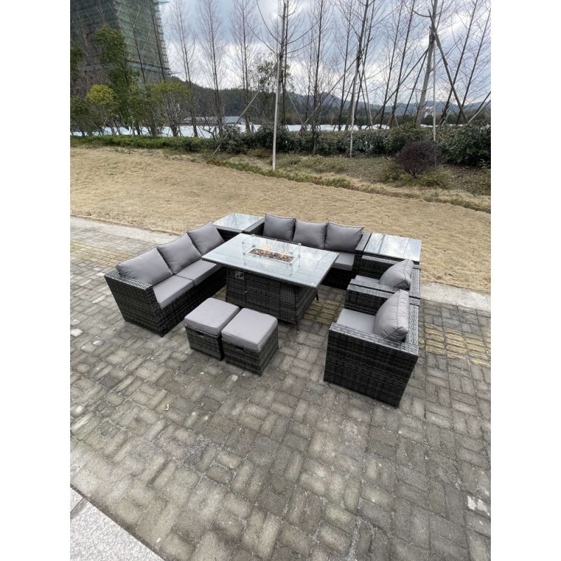Fimous 10 Seater?Outdoor Lounge Rattan Sofa Set Garden Furniture Gas Firepit Set Heater Dining Table With Chair and 2 Coffee Table Dark Grey Mixed