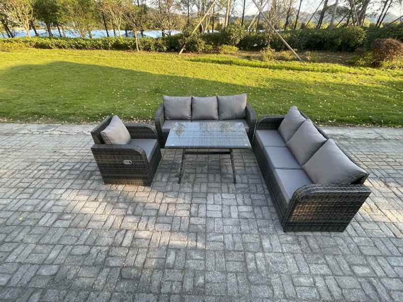 Fimous Outdoor Lounge Sofa Set Wicker PE Rattan Garden Furniture Set with Rectangular Dining Table Reclining Chair Dark Grey Mixed