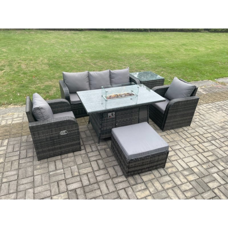 Fimous Patio Outdoor Rattan Garden Furniture Set Propane Gas Fire Pit Table Burner with Lounge Sofa Side Table Footstool