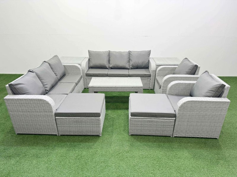 Fimous PE Rattan High Back Lounge Sofa Set Patio Oblong Coffee Table & Chairs Set with 3 Seater Sofa Reclining Chair 2 Big Footstool 2 Side Table Light Grey