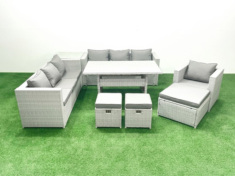 Fimous 8 Pieces Outdoor Rattan Sofa Set with Cushions Patio Garden Furniture Sets with Armchair Dining Table Side Table 3 Footstools
