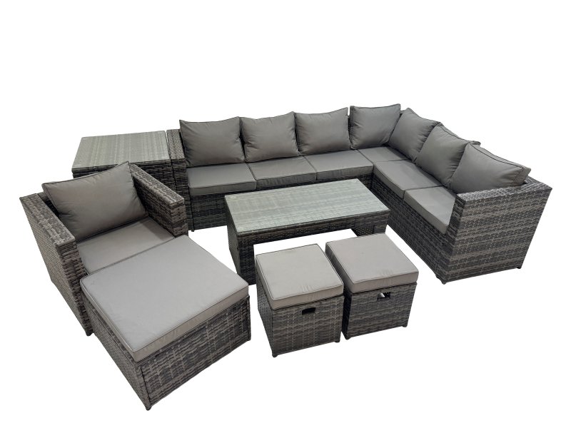 Fimous Outdoor Rattan Oblong Coffee Table Corner Sofa Sets Garden Furniture Set with Chair 3 Stool Side Table Dark Grey Mixed