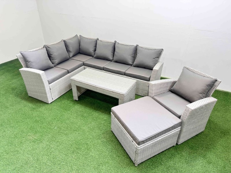 Fimous Rattan Garden Furniture Set Outdoor 8 Seater Corner Sofa Sets with Oblong Coffee Table Chair Big Footstool Light Grey Mixed