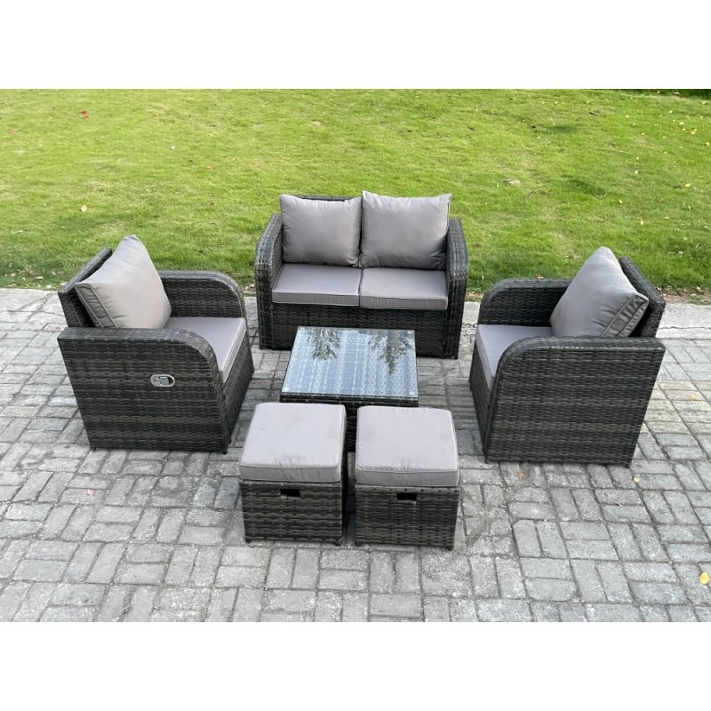 Fimous Rattan Garden Furniture Set Patio Conservatory Indoor Outdoor 6 Piece Set with Love Sofa Square Coffee Table 2 Small Footstools