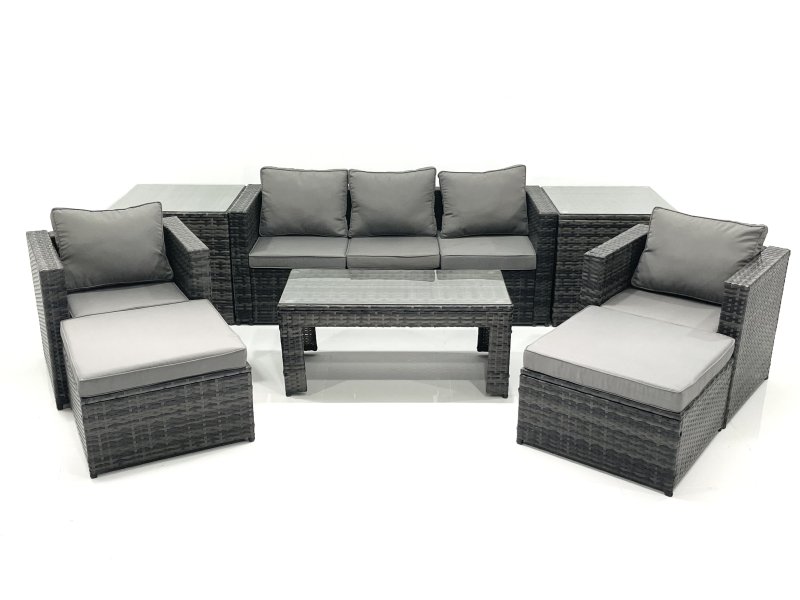 Fimous 7 Seater Rattan Garden Furniture Set Outdoor Lounger Sofa with Coffee Table 2 Armchair 2 Big Footstools 2 Side Tables Dark Grey Mixed