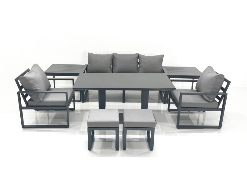 Fimous Outdoor Aluminium Garden Furniture Set with Adjustable Rising Lifting Dining Table 3 Seater Sofa 2 Chair 2 Small Footstools 2 Side Tables Dark Grey