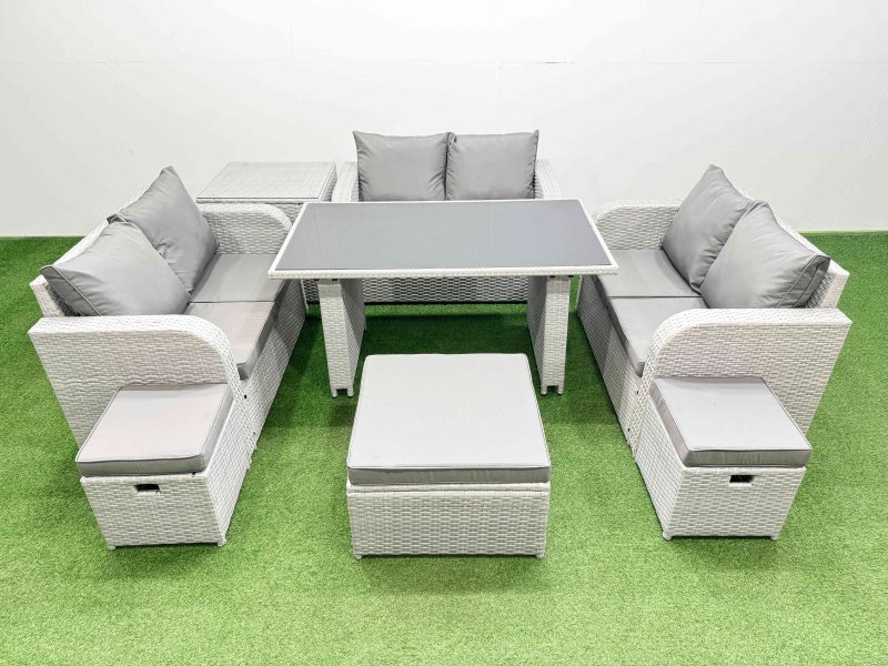 Fimous 9 Seater Patio Garden Furniture Sets with Black Glass Top Dining Table Love Sofa Side Table 3 Stool Light Grey
