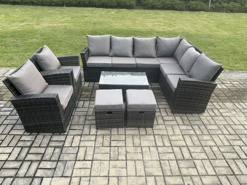 Fimous 10 Seater High Back Outdoor Garden Furniture Set Rattan Corner Sofa Set With Rectangular Coffee Table 2 Small Footstools Armchairs Dark Grey Mixed