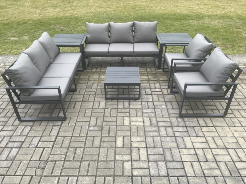 Fimous Aluminium Outdoor Lounge Sofa Set Garden Furniture Sets with Square Coffee Table 2 Chairs 2 Side Tables Dark Grey 8 Seater