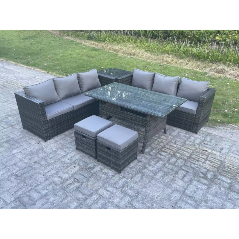 Fimous PE Wicker Outdoor Garden Furniture Set Patio Rattan Rectangular Dining Table Lounge Sofa with 2 Small Footstool Side Table 8 Seater Dark Grey Mixed