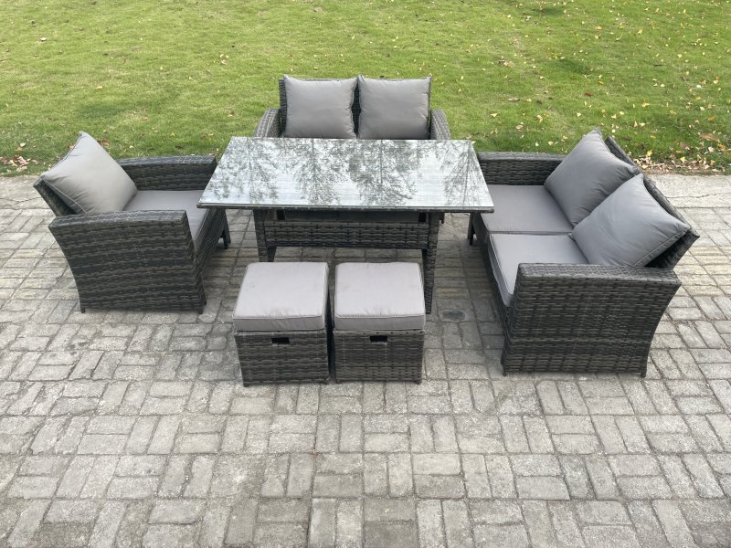 Fimous Wicker Rattan Garden Dining Set Outdoor Furniture Sofa with Dining Table Double Seat Sofa 2 Small Footstools Dark Grey Mixed