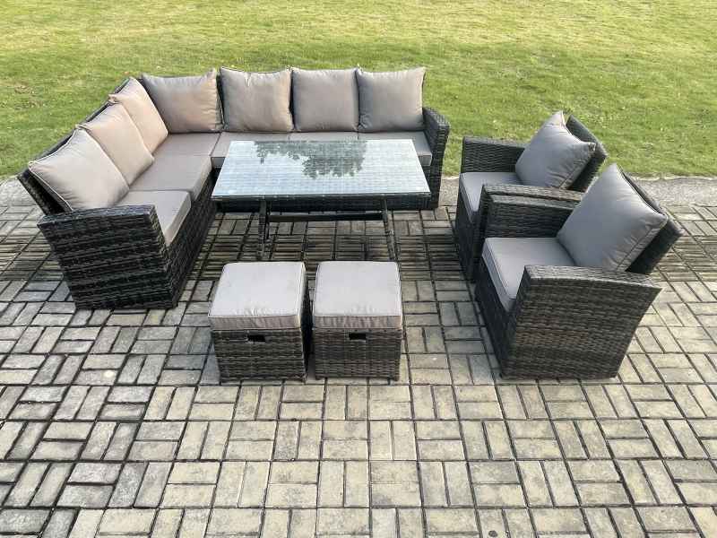 Fimous High Back Outdoor Garden Furniture Set Rattan Corner Sofa Dining Table Set With Armchairs 2 Small Footstools 10 Seater Dark Grey Mixed Left Corner