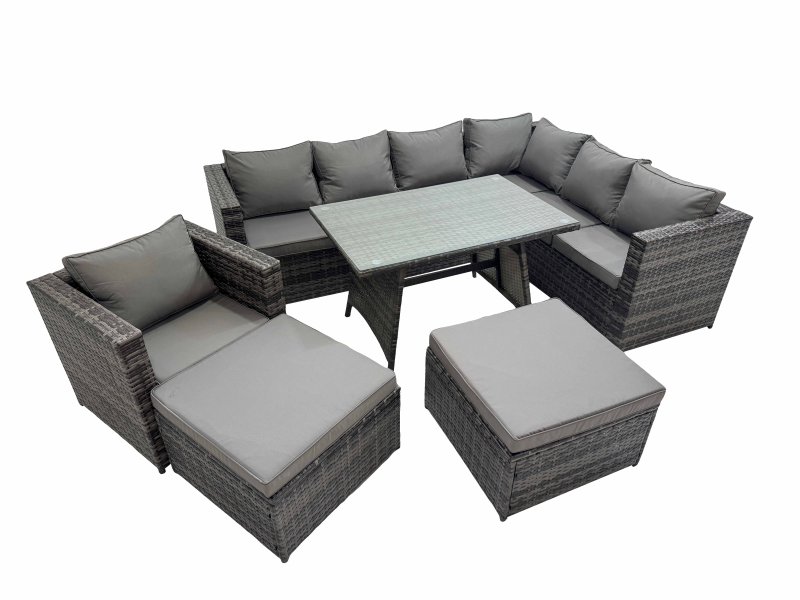 Fimous Rattan garden furniture Patio Furniture Sets with Dining Table Chair 2 Big Stools Dark Grey Mixed