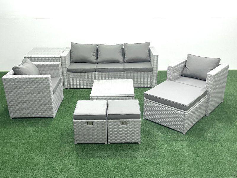 Fimous Rattan Garden Outdoor Furniture Sofa Set with Square Coffee Table 2 Chairs 3 Footstools Side Table Light Grey Mixed