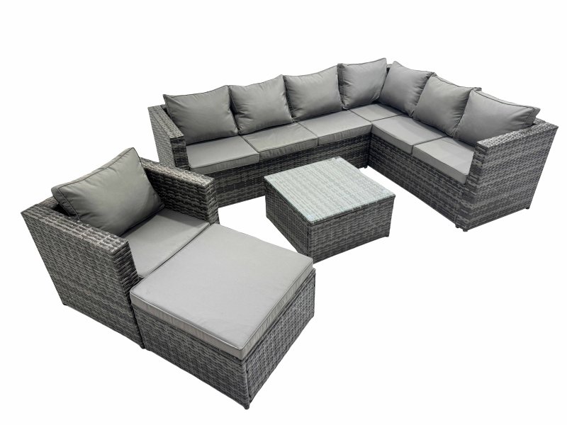Fimous Outdoor PE Rattan Garden Furniture Sofa Set with Square Coffee Table Chair Big Stool Dark Grey