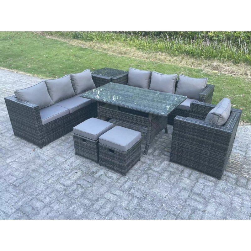 Fimous 9 Seater Outdoor Lounge Sofa Garden Furniture Set Patio Chair Rattan Rectangular Dining Table with Side Table 2 Small Footstool Dark Grey Mixed