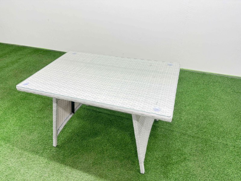 Fimous PE Rattan Garden Furniture Set Outdoor Rectangular Dining Table Sofa Set with Reclining Chair 3 Stool Light Grey