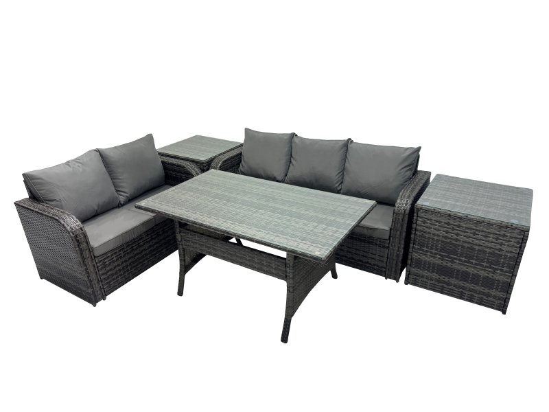 Fimous 5 Seat Outdoor Wicker PE Rattan Garden Furniture Set Dining Table Sofa Sets with 2 Side Tables Dark Grey Mixed