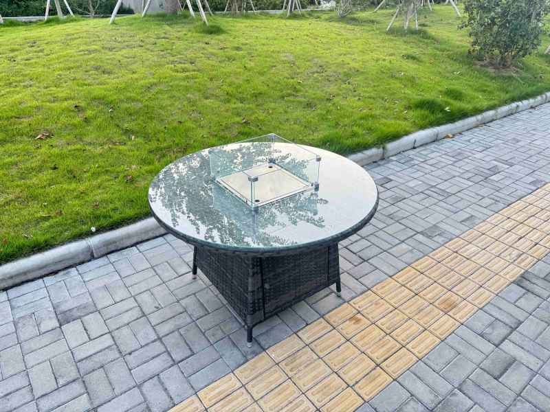 Fimous 7-Piece PE Rattan Garden Furniture with Big Round Gas Firepit Table and 6 Chairs for Patio Dark Grey Mixed
