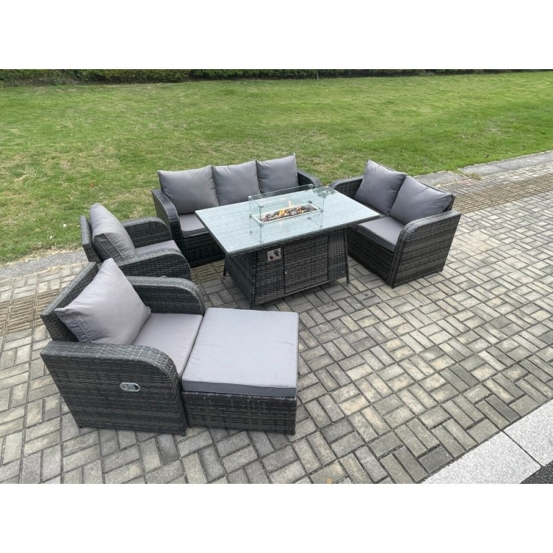 Fimous PE Wicker Outdoor Rattan Garden Furniture Set Propane Gas Fire Pit Table and Sofa Chair set with Big Footstool