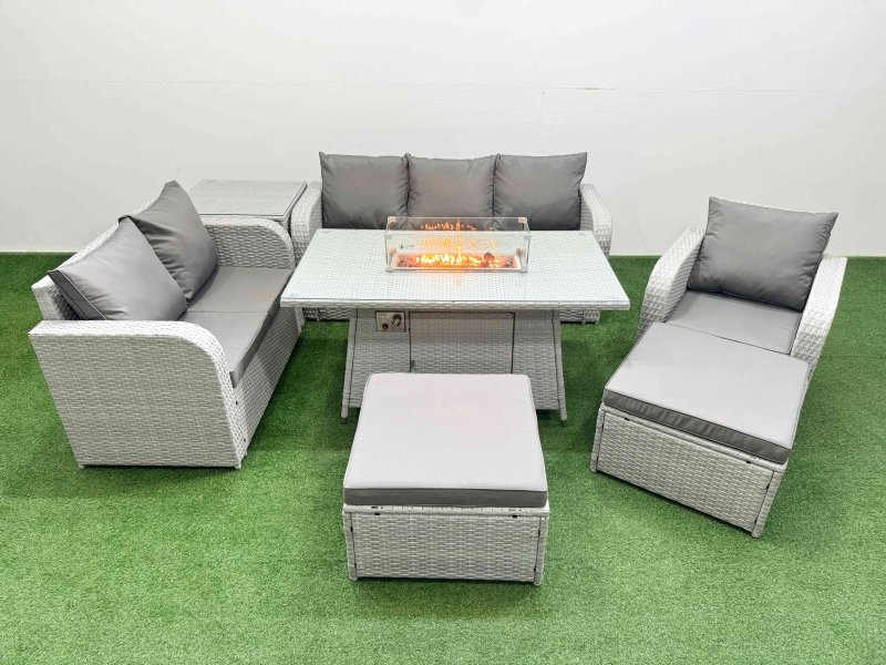 Fimous Patio PE Wicker 8 Seater Outdoor Rattan Furniture Sofa Sets with Firepit Dining Table Reclining Chair Loveseat Sofa 3 Seater Sofa 2 Big Footstools Side Table Light Grey