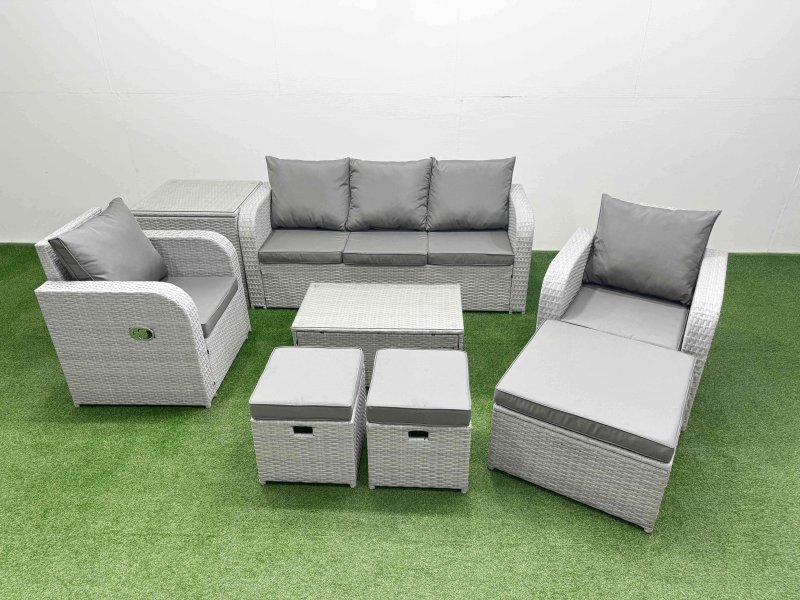 Fimous PE Rattan Garden Furniture Set Reclining Chair Sofa Lounge Sofa Set Oblong Coffee Table Side Table 3 Stools Light Grey
