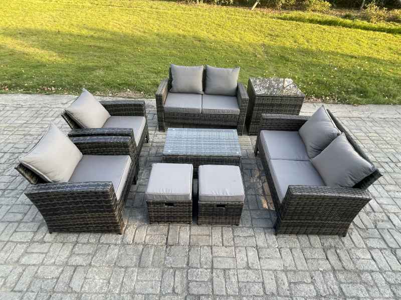 Fimous Garden Furniture Sets 8 Pieces Outdoor Rattan Furniture Manual Wicker Patio Sofa Chair Set with Coffee Table Side Table 2 Small Footstools Dark Grey Mixed
