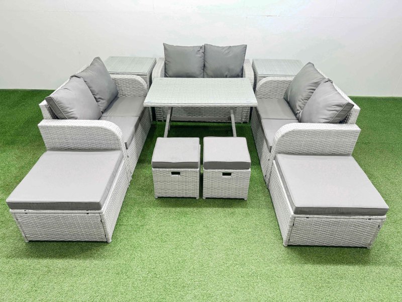 Fimous 10 Seater Patio Garden Furniture Sets with Dining Table Love Sofa 2 Side Tables 4 Stools Light Grey