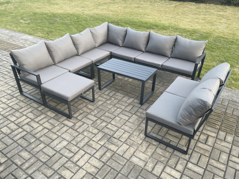 Fimous Aluminium 10 Seater Patio Outdoor Garden Furniture Lounge Corner Sofa Set with Oblong Coffee Table with Big Footstool Dark Grey