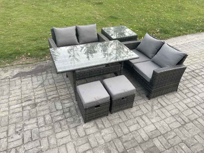 Fimous PE Wicker Rattan Garden Furniture Set Love Sofa Outdoor Rectangular Dining Table 2 Small Footstool Side Table Dark Grey Mixed