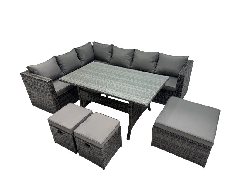 Fimous Outdoor PE Rattan Sofa Set with Dining Table Patio Garden Furniture Sets with 3 Stools Dark Grey Mixed
