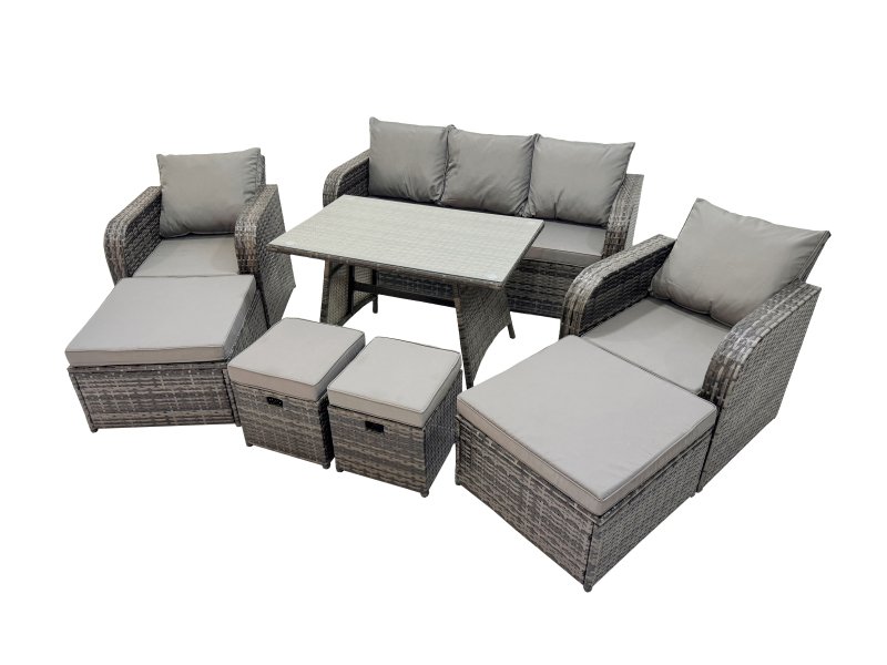 Fimous Garden Rattan Outdoor Furniture Set 9 Seater with 3 Seater Sofa 2 Big Stool 2 Small Stools Dark Grey