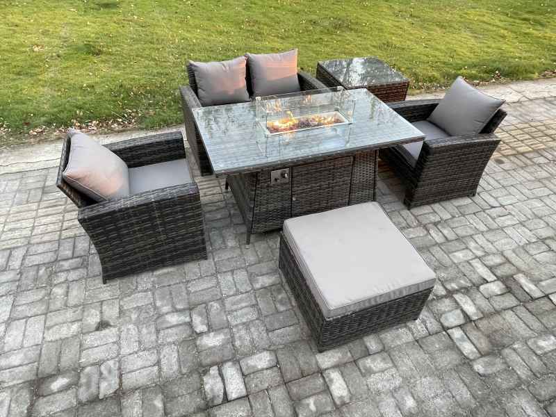 Fimous 5 Seater?Outdoor Rattan Sofa Set Garden Furniture Gas Firepit Dining Table Heater with Big Footstool Side Table Dark Grey Mixed