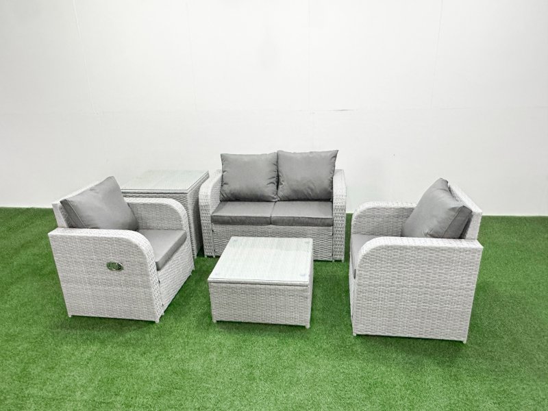 Fimous Light Grey PE Wicker Rattan Garden Furniture Set Sofa Set Reclining Adjustable Chair Square Coffee Table 4 Seater With Side Table