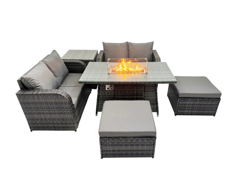 Fimous 6-seater Patio Gas Firpit Dining Table Sofa Sets Rattan Garden Furniture Dining Set with 2 Big Stools Side Tables Dark Grey Mixed