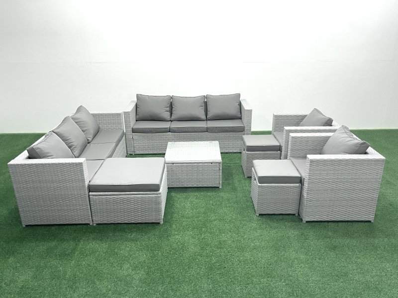 Fimous Outdoor Rattan Sofa Garden Furniture Set with 2 Armchairs Square Coffee Table 3 Footstools Light Grey Mixed