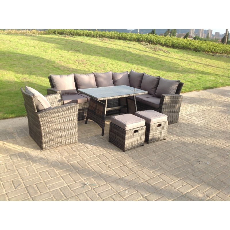 9 Seater High Back Dark Mixed Grey Rattan Corner Sofa Set Outdoor Furniture Rectangular Dining Table 2 Footstools Chair