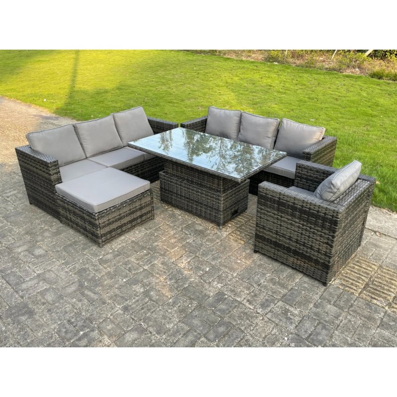 Fimous 8 Seater?Outdoor Rattan Sofa Set Adjustable Rising Lifting Dining Table Side Coffee Table Chairs Footstool Dark Grey Mixed