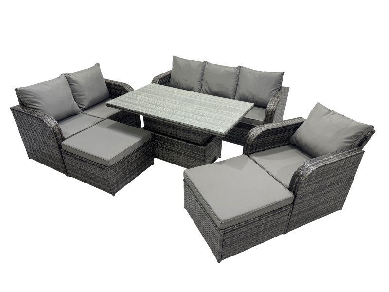 Fimous Rattan Garden Furniture Dining Set 8-seater Patio Height Adjustable Rising Lifting Table Sofa Set with 2 Big Footstool Dark Grey Mixed