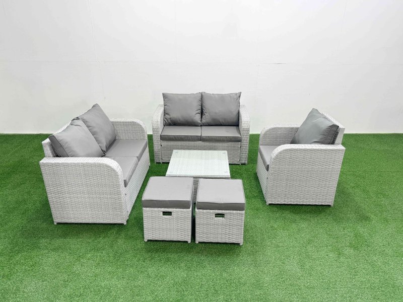Fimous High Back Poly Rattan Garden Furniture Set with Reclining Chair Loveseat Sofa Square Coffee Table Indoor Outdoor Patio Set 2 Stool Light Grey