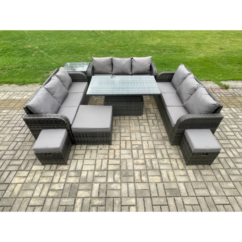 Fimous Garden Dining Sets Outdoor Rattan Furniture Lounge Sofa Height Adjustable Rising lifting Table With Side Table 3 Footstools Dark Grey Mixed