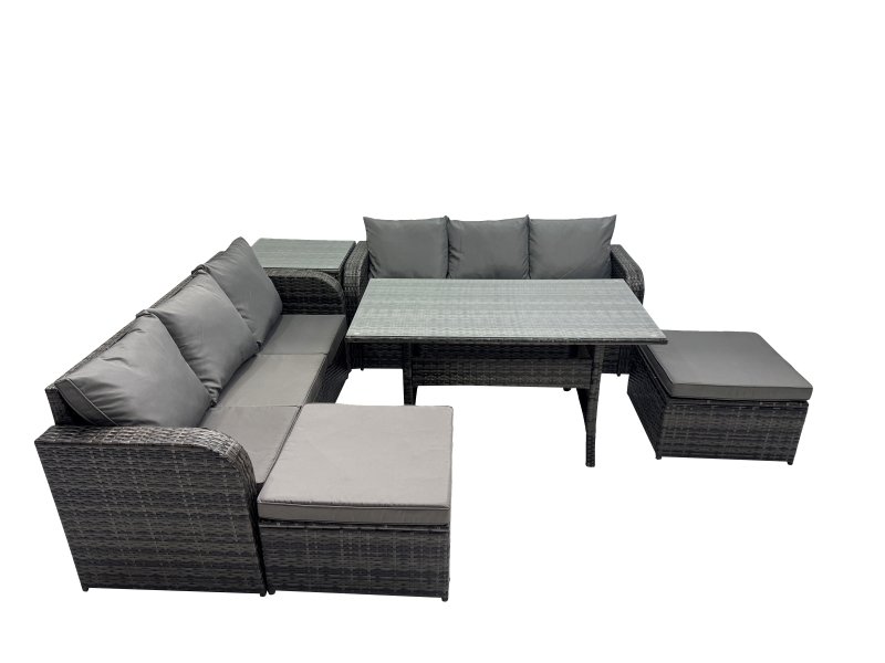 Fimous 8 Seat Outdoor Wicker PE Rattan Garden Furniture Set Dining Table Sofa Set with 2 Big Stools Side Table Dark Grey Mixed