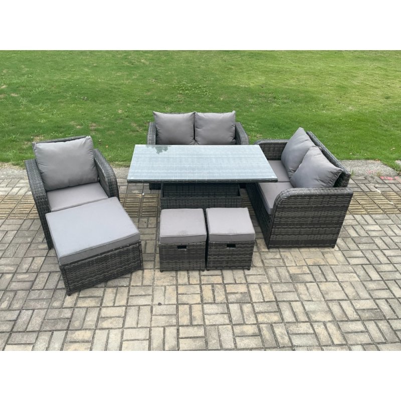 Fimous Rattan Furniture Garden Dining Set Outdoor Height Adjustable Rising lifting Table Love Sofa Chair With 3 Footstools
