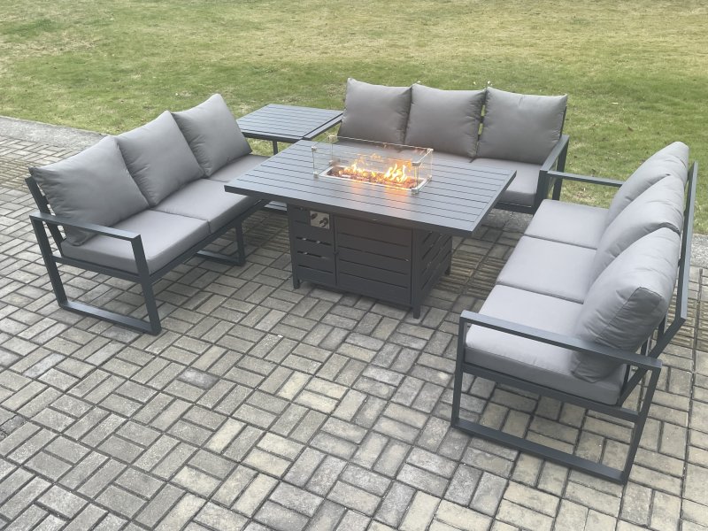 Fimous Aluminium 9 Seater Garden Furniture Outdoor Set Patio Lounge Sofa Gas Fire Pit Dining Table Set with Side Table Dark Grey