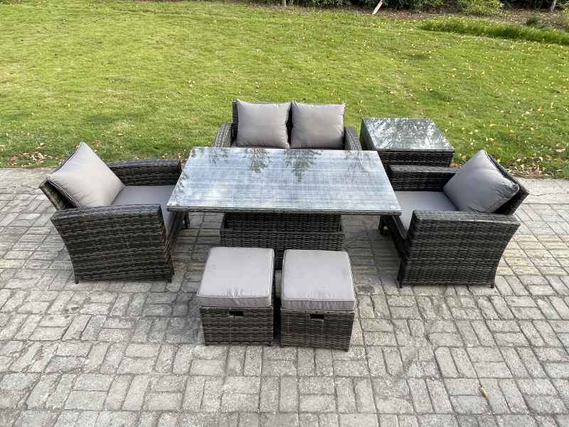 Fimous Outdoor Garden Dining Sets 6 Seater Rattan Patio Furniture Sofa Set with Rising Lifting Table Side Table 2 Small Footstools Dark Grey Mixed