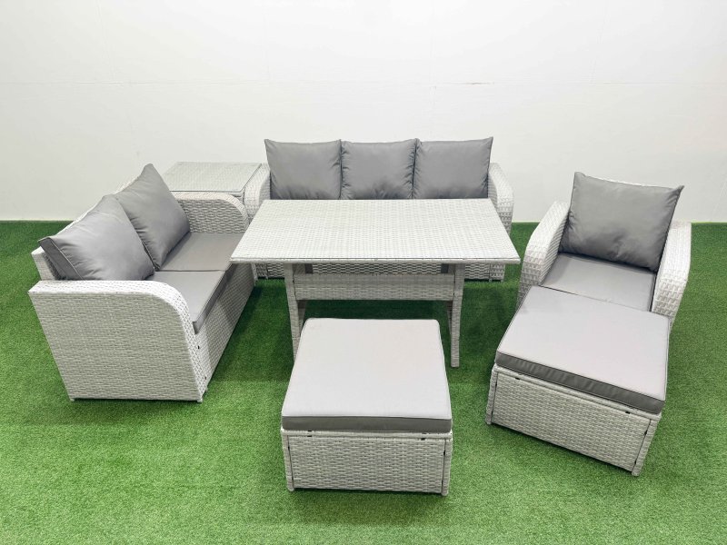 Fimous Patio PE Wicker 8 Seater Outdoor Rattan Furniture Sofa Sets with Rectangular Dining Table Reclining Chair Loveseat Sofa 3 Seater Sofa 2 Big Footstools Side Table Light Grey