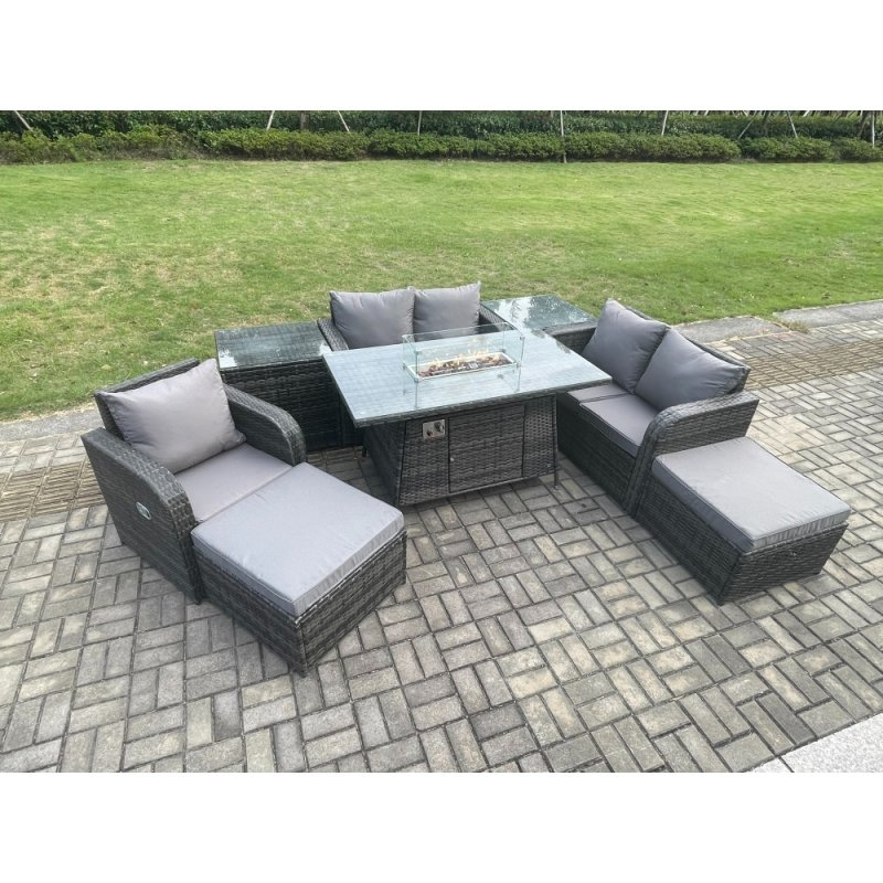 Fimous Outdoor Sofa Rattan Garden Furniture Set Patio Gas Fire Pit Dining Table and Reclining Chair set with 2 Side Tables 2 Big Footstool Dark Grey Mixed